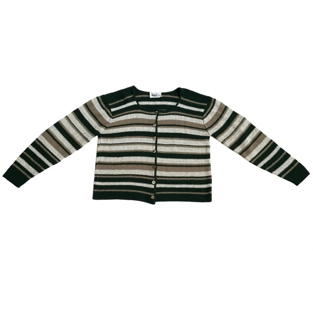 Vintage Reba Rose Boxy Striped Cardigan Sweater Earthy Coastal Cottageco… - Picture 7 of 16